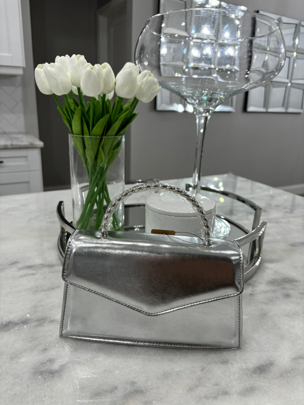 Silver Faux Leather Metal Handle Clutch