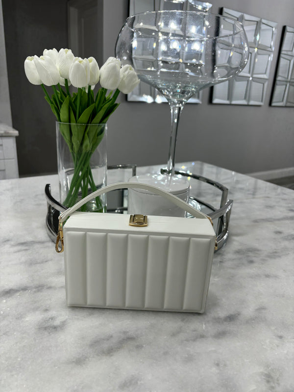 White Faux Leather Stripe Embossed Clutch Bag